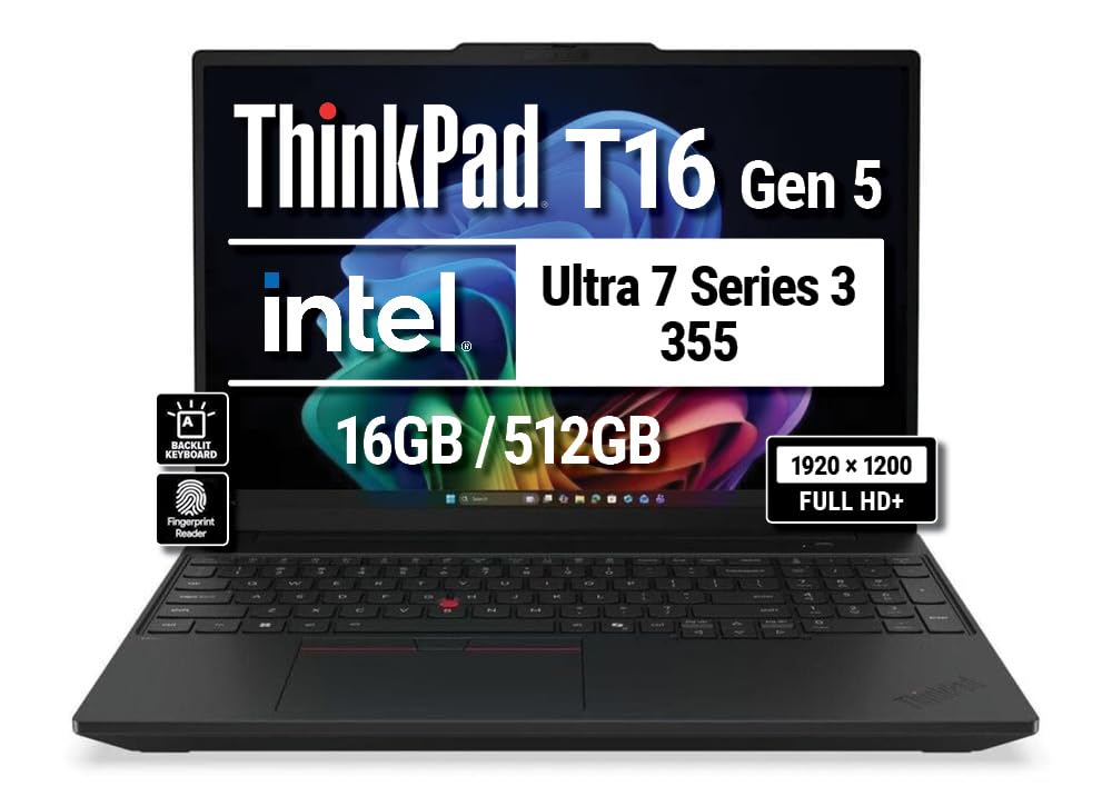 Lenovo ThinkPad T16 Gen 5 21WT0068US AI Business Laptop WUXGA FHD+ Display, Intel Ultra 7 Series 3 355, 16 GB DDR5 RAM, 512 GB SSD, Backlit Keyboard, WiFi 7 + BT, RJ-45, HDMI, Windows 11 Pro