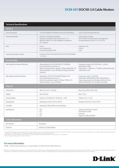 D-Link DOCSIS 3.0 Cable Modem (DCM-301) Compatible with Comcast Xfinity, Time...