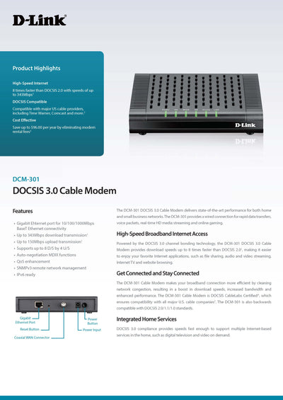 D-Link DOCSIS 3.0 Cable Modem (DCM-301) Compatible with Comcast Xfinity, Time...